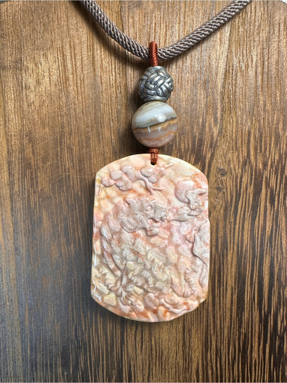 Coral Fossil Tiger Pendant Necklace on Light Brown Adjustable Rope - Picture 13 of 16